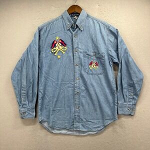 Paradise Point Button Up Shirt Men Small Blue Denim Embroidered Nautical Vintage